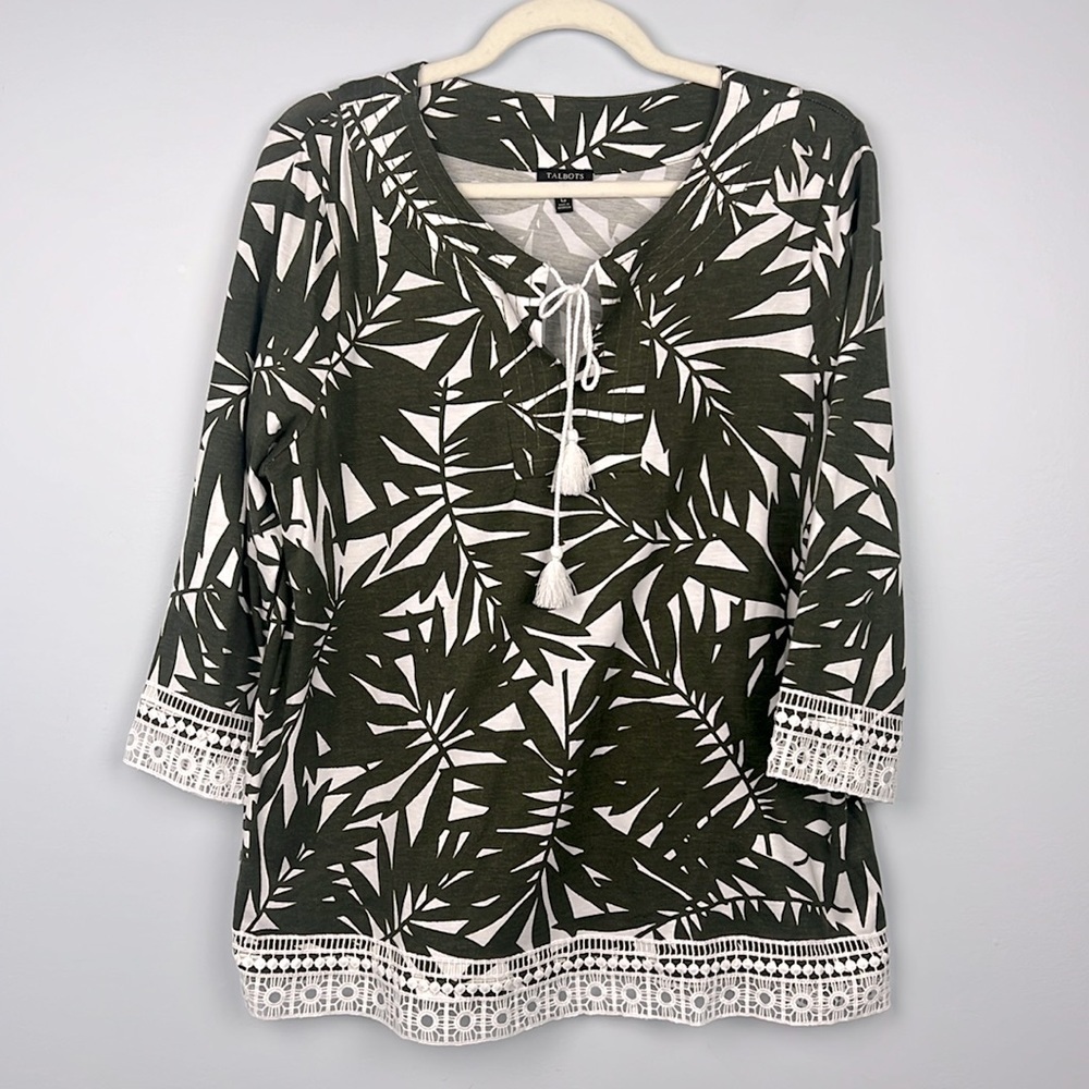 Talbots Large Petite green & white tropical palm print 3/4 sleeve shirt